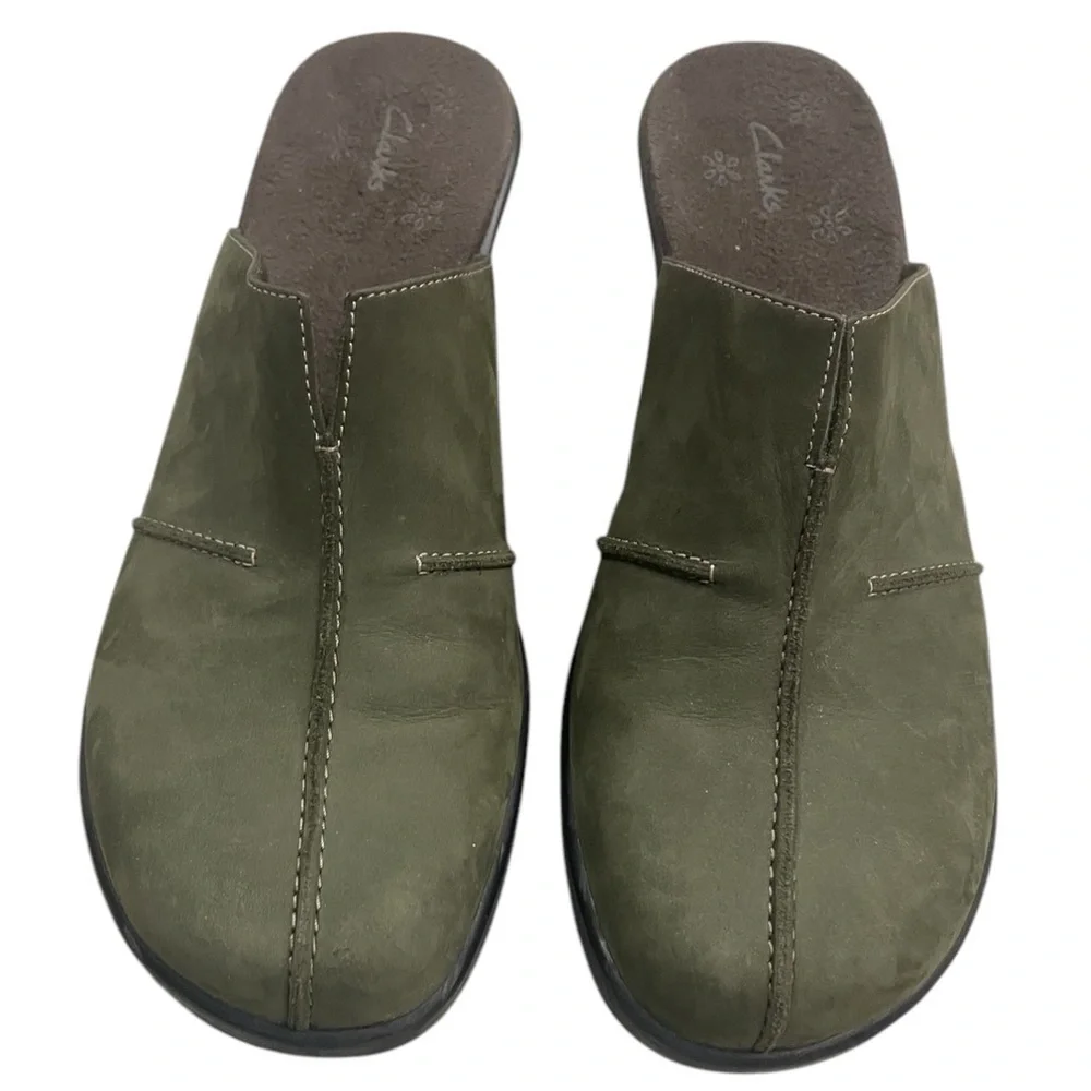 Clarks Women's Olive Green suede Wedge Mules - 8.5 - Picture 3 of 7
